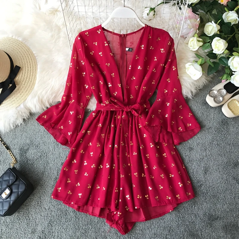 

Elegant Women Deep V-neck Printed Chiffon Playsuit Summer Sashes Female Jumpsuit Romper Flare Sleeve Ladies Short Overalls