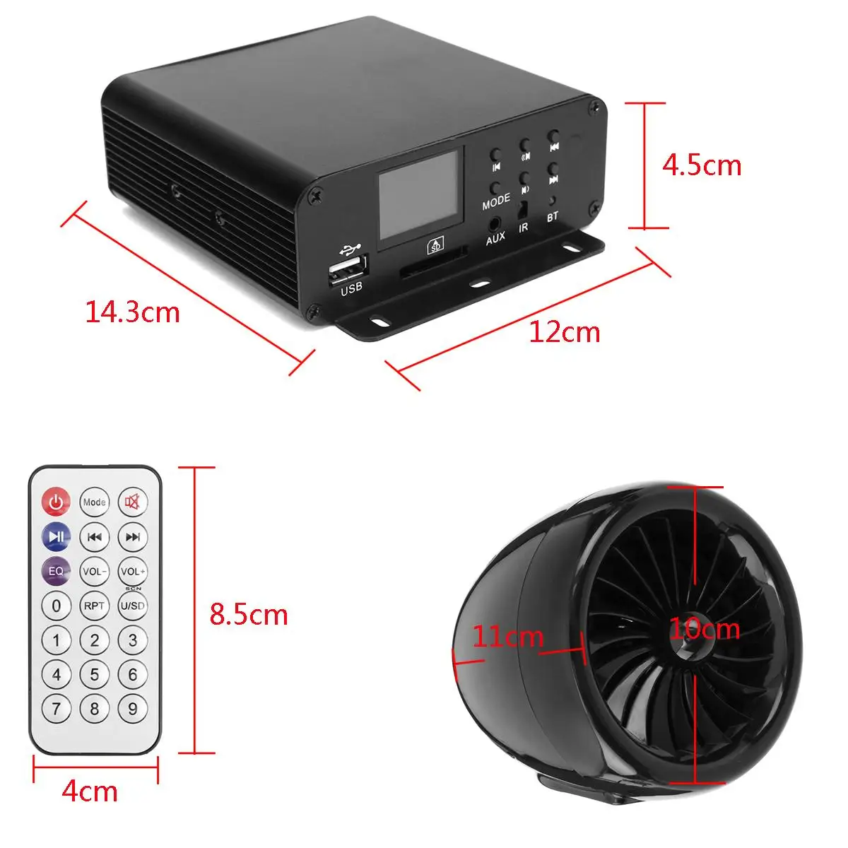 

1000W Motorcycle Audio Set Stereo Amplifier Boat Speakers System, Support Bluetooth, USB, AUX, FM Radio, SD Card, Wired Control