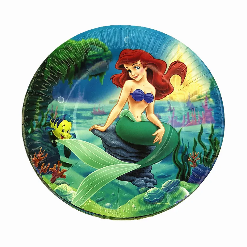 10Pcs Paper Plates Русалочка вечерние украшения сувениры скатерть чашка тарелка соломенная салфетка Подарочный пакет конфеты попкорн коробка дети день рождения - Цвет: 10Pcs Paper Plates