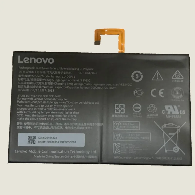 Новая Оригинальная Аккумуляторная батарея для планшета LENOVO Tab 2 A10 70 X30 L14D2P31 3 8 V