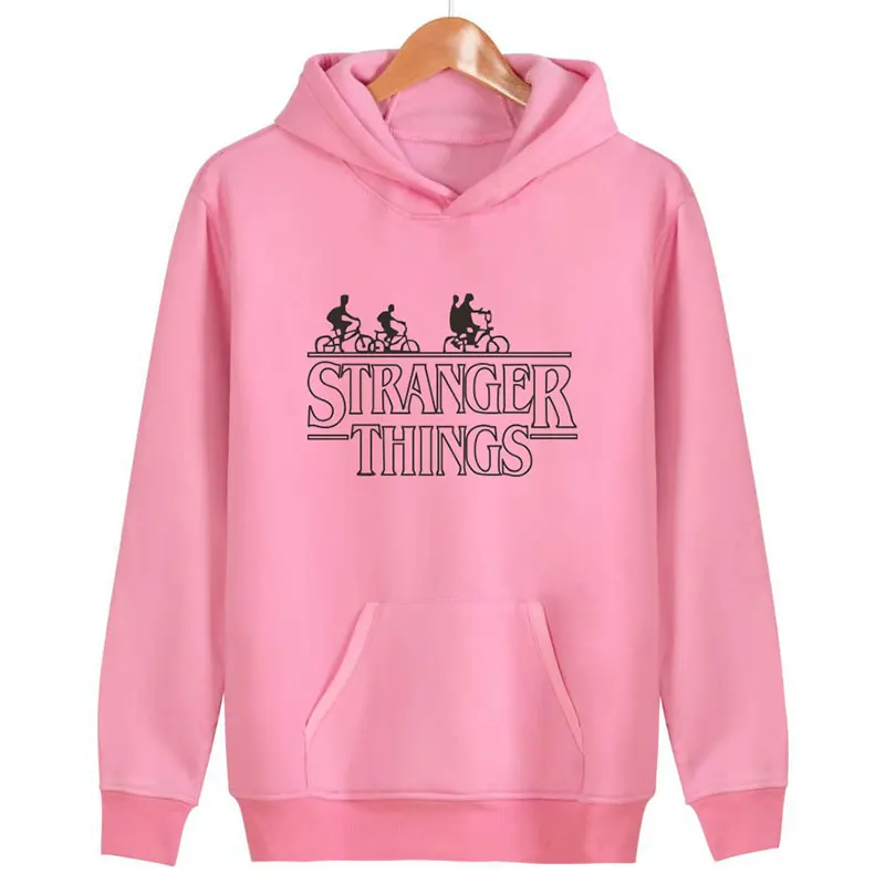Фото WLLW Pink Sweatshirt Hoodies "Stranger Things" Letter Print Long Sleeve Casual Pullovers Loose Simple Pocket Hoodie Женская WLLW Pink Sweatshirt Hoodies "Stranger Things" Letter Print Long Sleeve Casual Pullovers Loose Simple Pocket Hoodie Женская