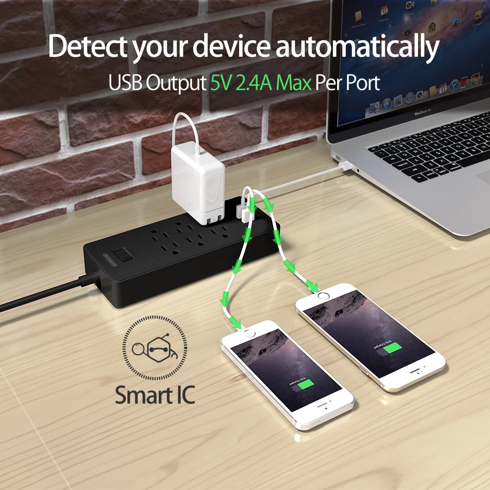 NTON силовая умная силовая лента настенная 6 AC 4 USB зарядная станция Защита от перенапряжения США вилка с 1,5 м Шнур питания для офиса