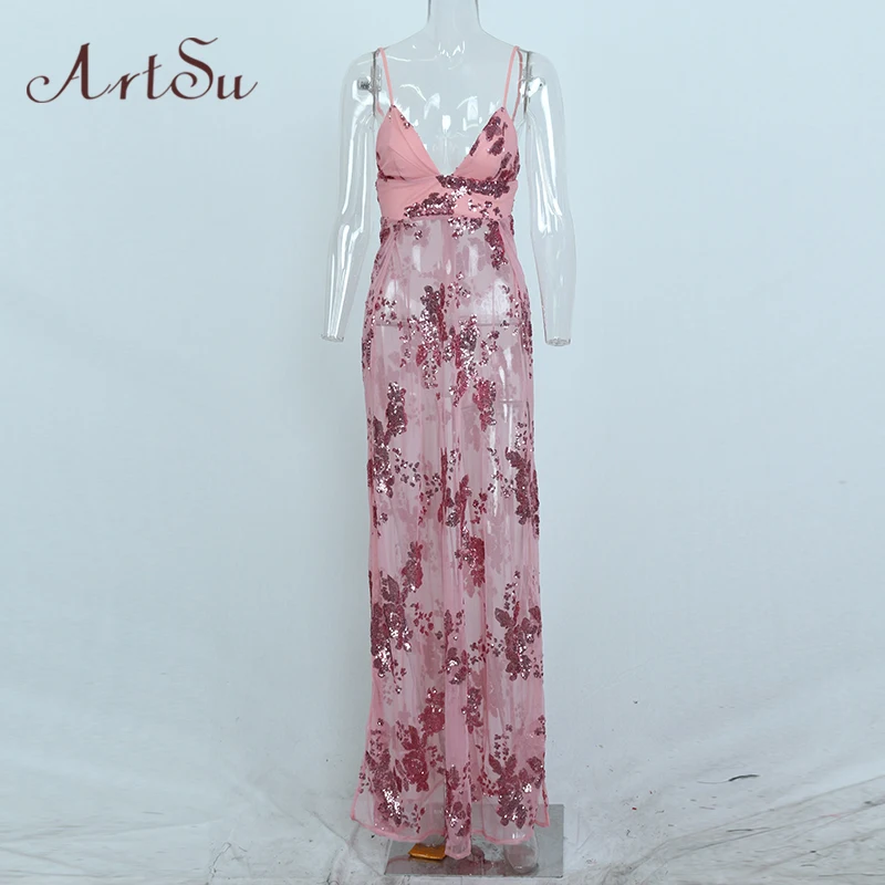 ArtSu модное женское Макси платье Vestido De Festa сексуальное прозрачное с открытой