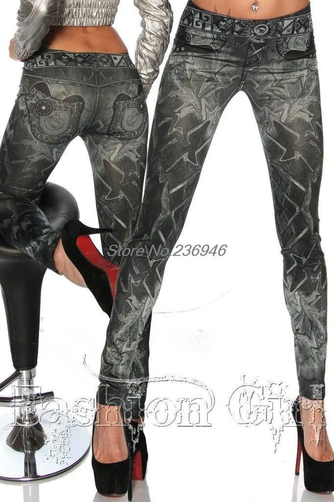 Free shipping 2014HOT! 9055 Black Seamless Denim Leggings tattoo painted messy stamp leggings|leggings black|legging cartoonlegging girl |