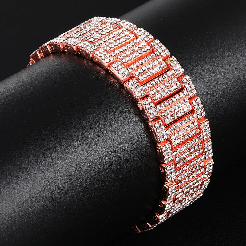Хип-хоп Полный Стразы Iced Out Bling цвета: золотистый, серебристый ремешок для часов звено цепи браслеты для мужчин рэппер ювелирные изделия