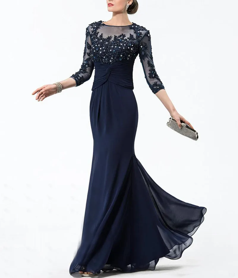 2016 Русалка Вечерние Платья Для Невесты Жених С Половина Рукава мать Бич Шифон