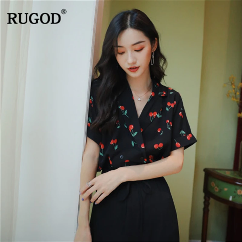 RUGOD 2020 Новая Летняя женская модная рубашка с принтом вишни свободная блузка