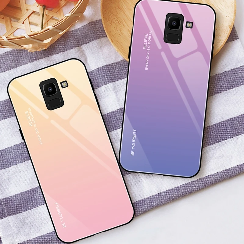 Gradient Case For Samsung Galaxy A7 J8 J6 J4 A6 A8 plus A8+ 2018 Luxury Slim Fit Glossy Tempered Glass Silicone Frame Hard Cover |