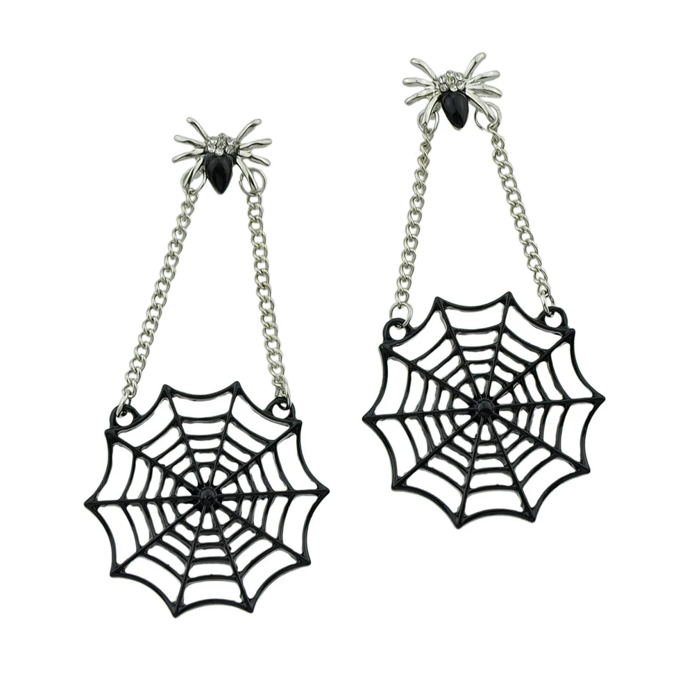Feelontop Statement Earrings Silver Color Chain Jewelry Spide Pattern With Black SpideWeb Shape Drop For Women|chain drop earrings|chain earringsdrop