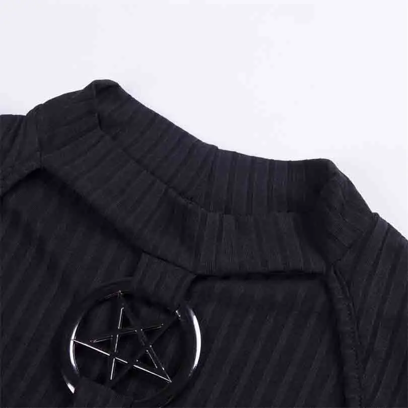 Pentagram link Decoration Punk Women Short Thin Sweaters Gothic Long Sleeve Five Pointed Star Cut out Cropped Tops | Женская одежда