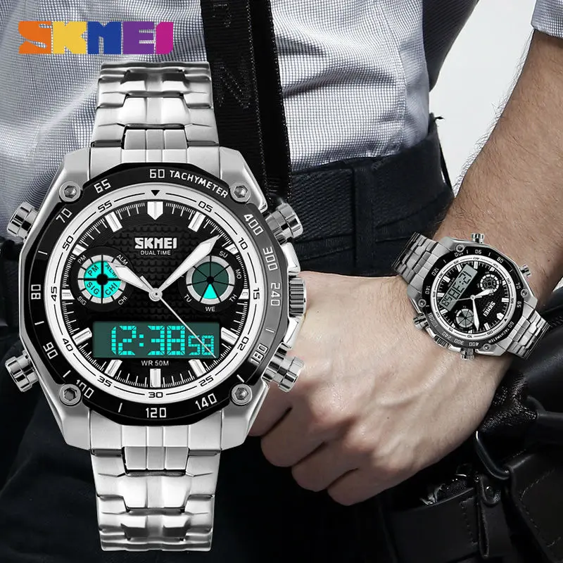 

Brand Watches Men Waterproof LED Electronic Fashion Watch Shock Stainless Steel Dual Display Quartz Wristwatch Mens Luxury Clock