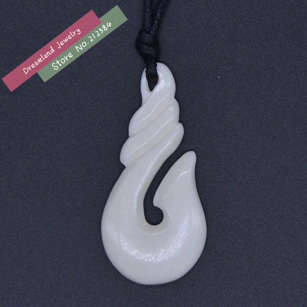 1Pc New Zealand Maori Handmade Carved Yak Bone FISHHOOK Pendant Hawaii Style Man's Manaia Necklace Surfer Choker Free Shipping |