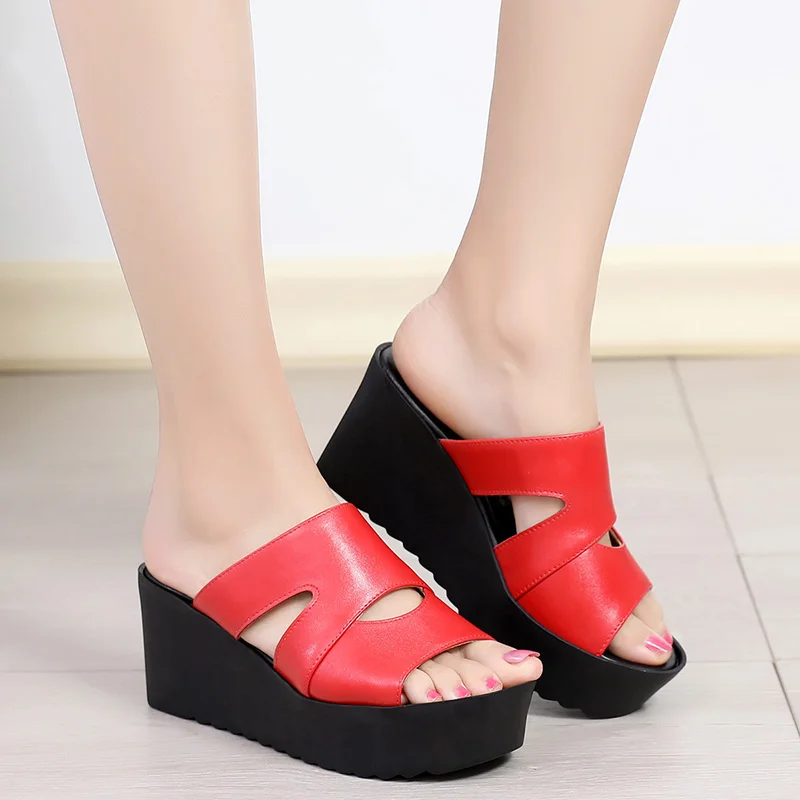 New Elegant Summer Leather Slippers Women Casual Sandals Comfortable Non-slip Platform Shoes Woman Wedge | Обувь