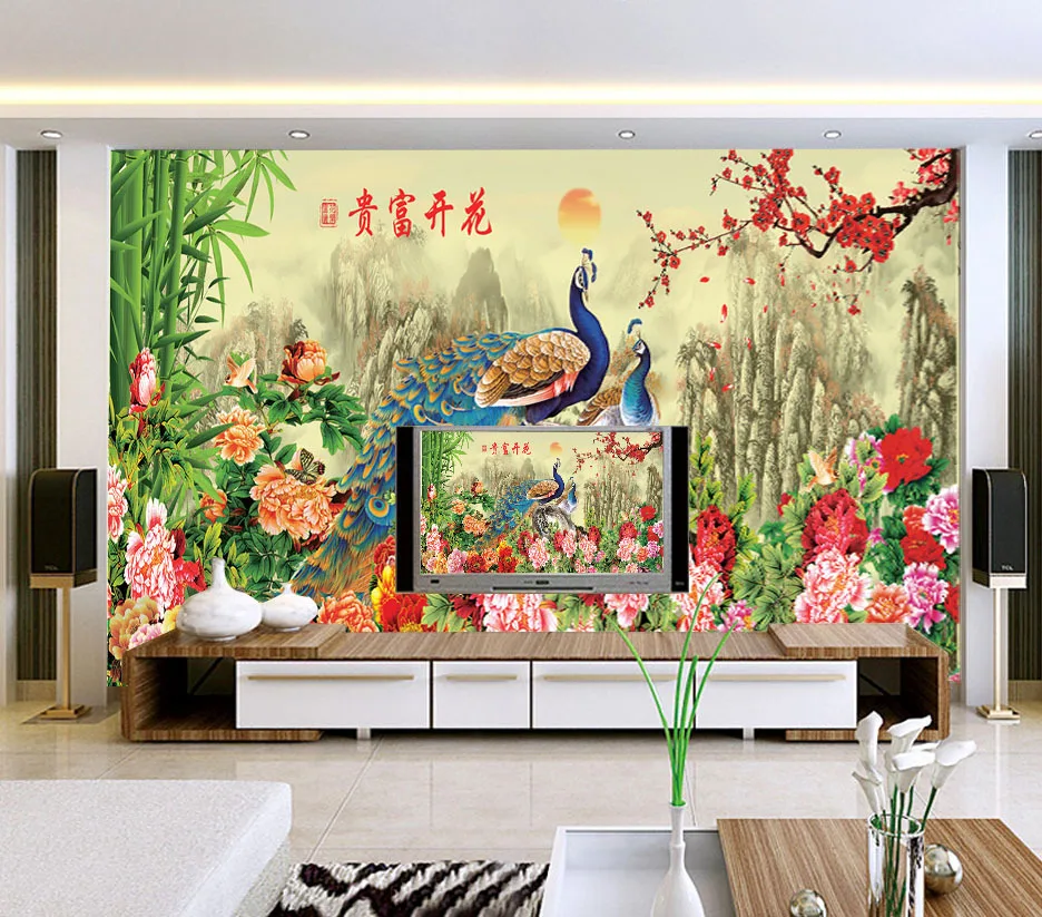 House and wealth living room TV backdrop mural wallpaper abstract flower green PV | Обустройство дома