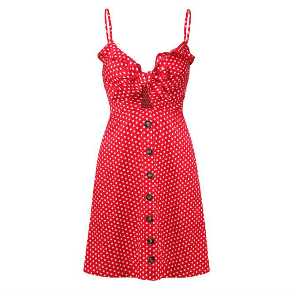 Короткое мини-платье в горошек для женщин лето 2019 без рукавов с оборками бантом