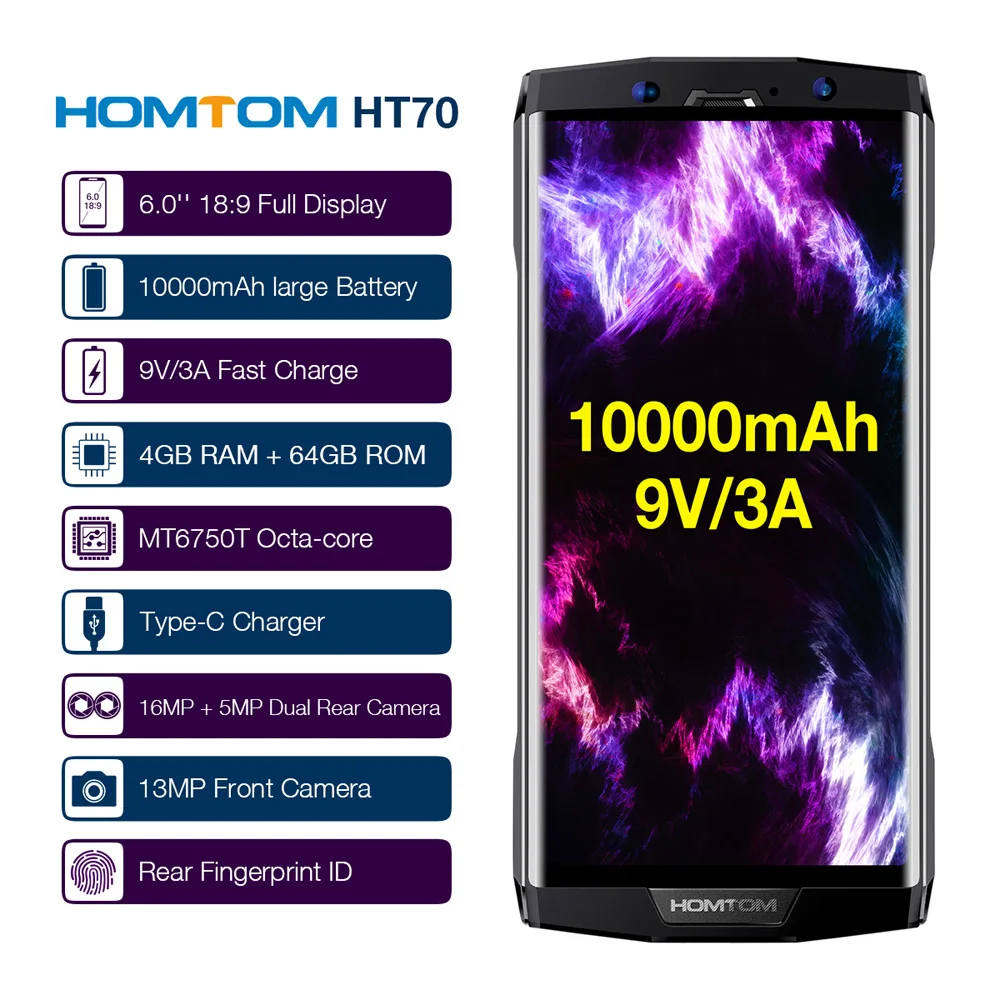 HOMTOM HT70 мобильный телефон 64GB 6 ''безрамный дисплей Android 7 0 MTK6750T Восьмиядерный 13MP