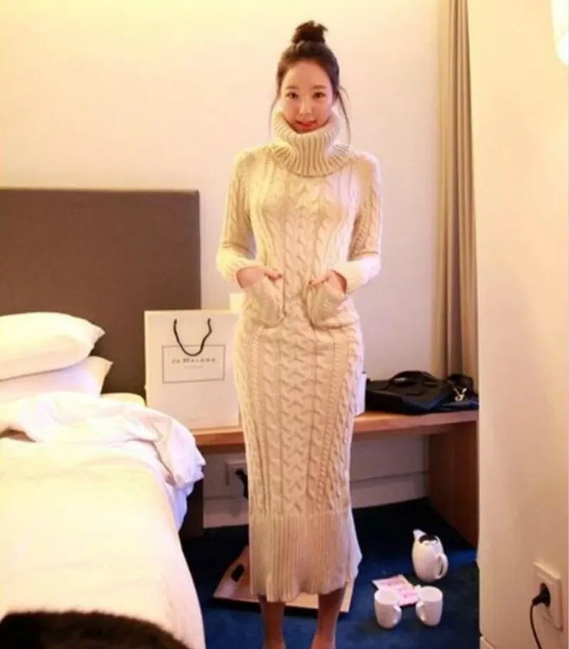 Women Winter Knit Dresses Europe Long Sleeve Turtleneck Casual Slim Warm Maxi Sweater Dress Plus Size Women's Clothing | Женская