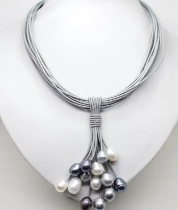 

12mm Real White Black Gray Freshwater Pearl Necklace Leather Cord Magnet Clasp