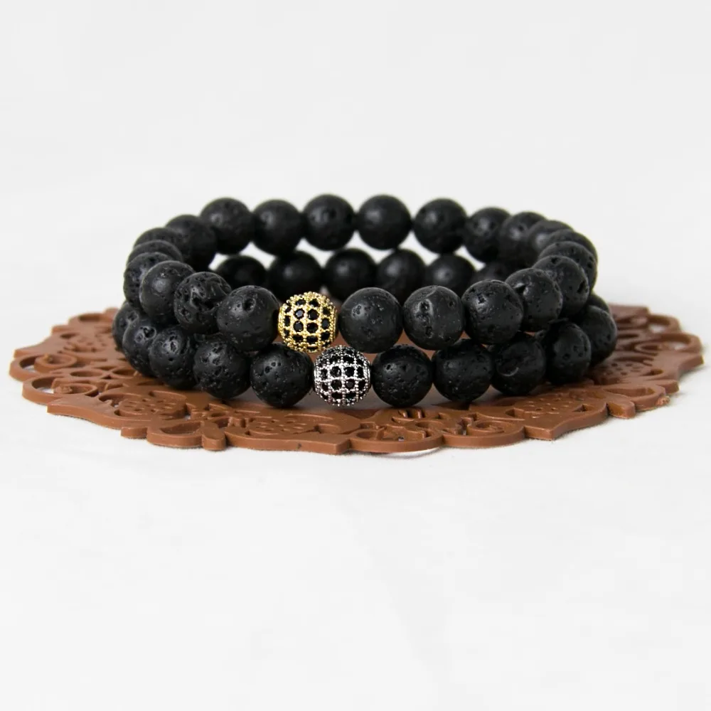 Black Lava Stone Bracelet with Micro Pave CZ Cubic Zirconia Disco Beads Bracelets Pulseras Men Women | Украшения и аксессуары