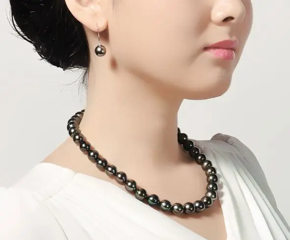 

stunning 9-10mmAAA black pearl necklace + earring 925s silver