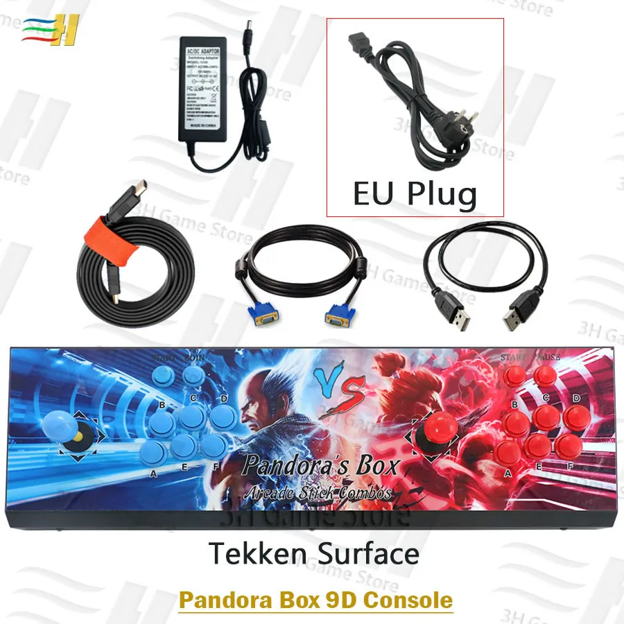 PB9d tekken EU plug Pandora box 9d 2500 В 1 консоль джойстик Кнопка 3d игры HDMI VGA выход HD Поддержка 3P 4P игры usb можно подключить геймпад - Цвет: PB9d tekken EU plug