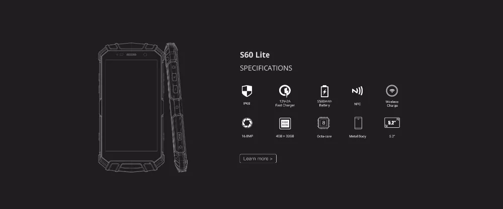 DOOGEE S60 Lite IP68 смартфон 5580 мА/ч, 12V2A Quick Charge 16MP 5,2 ''FHD MTK6750T, четыре ядра, 4 Гб Оперативная память 32 GB Встроенная память телефон с распознаванием отпечатка пальца