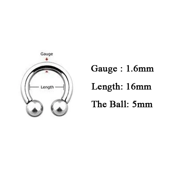 1.6mm 16mm 5mm Alisouy, 1 шт., модный шарик подковы, поддельные соски, кольцо для носа, перегородка, нержавеющая сталь, губы, Лабрет, брови, шпильки, пирсинг, ювелирные изделия - Окраска металла: 1.6mm 16mm 5mm