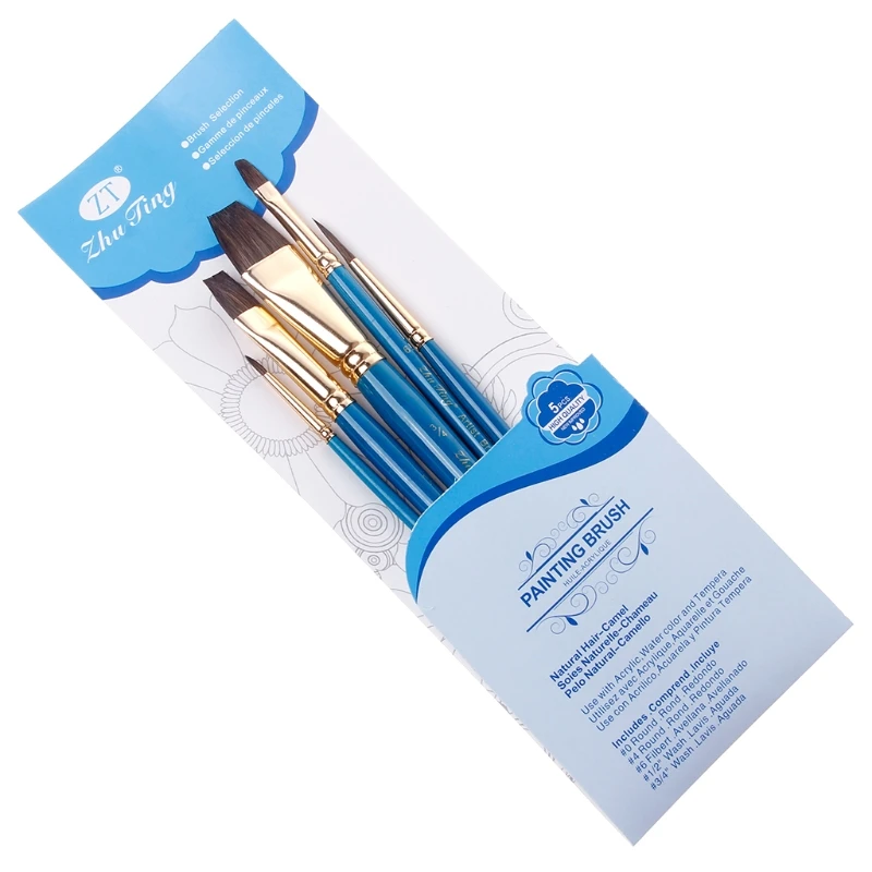 

5Pcs Artist Paint Brush Set Camel Hair Watercolor Acrylic Oil Painting Drawing