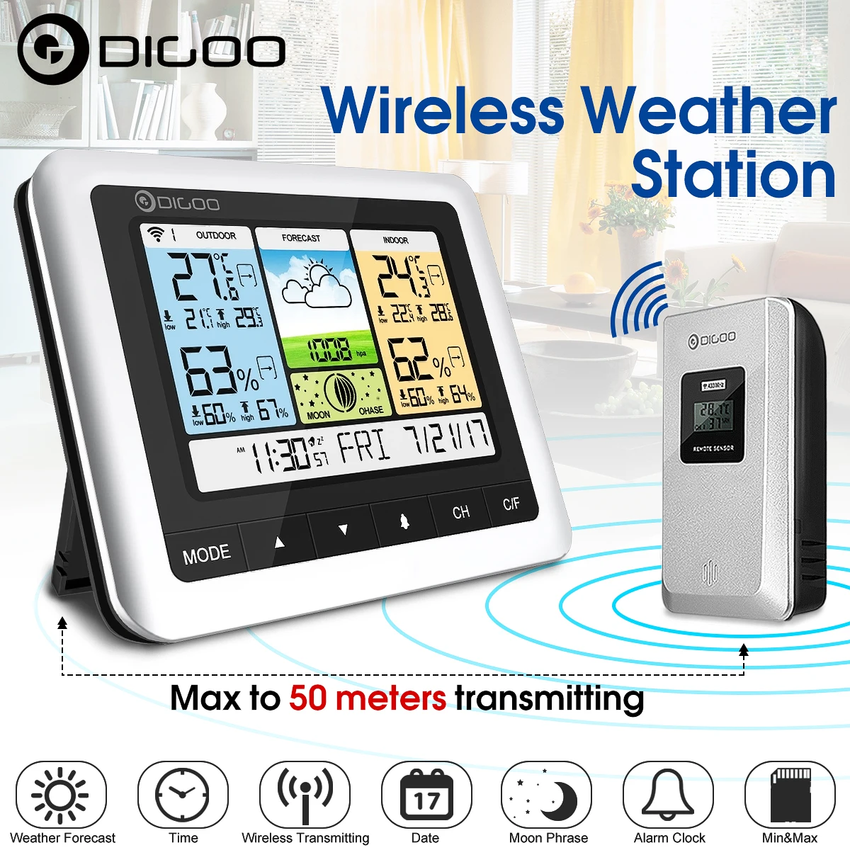 Digoo DG-TH8888, беспроводная домашняя метеостанция, цифровой термометр, датчик влажности, для улицы, для помещений, датчик погоды, часы