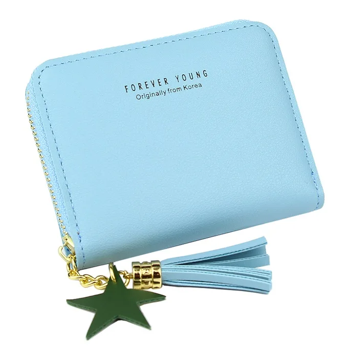 Blue Женские кошельки на молнии с кисточками и звездами, Короткие Кошельки для девушек, сумочки для денег, женский кошелек, карман для карт, держатель для удостоверения личности, женская сумка - Цвет: Blue
