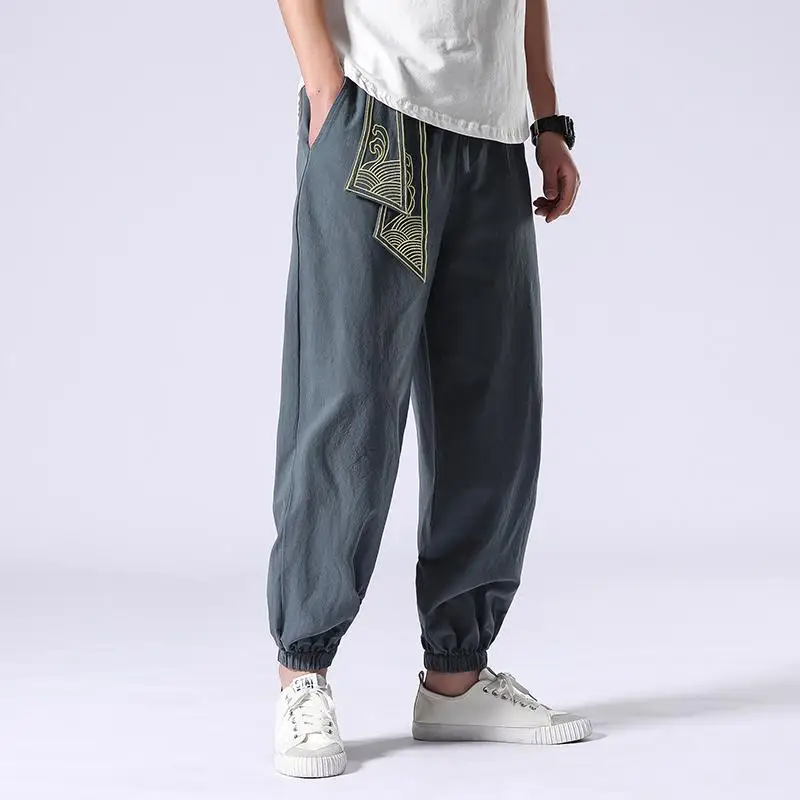

5XL 4XL Plus Size Men Harem Pants Traditional Chinese Clothing For Men Elastic Waist Plain Color Cuffed Linen Trousers Summer