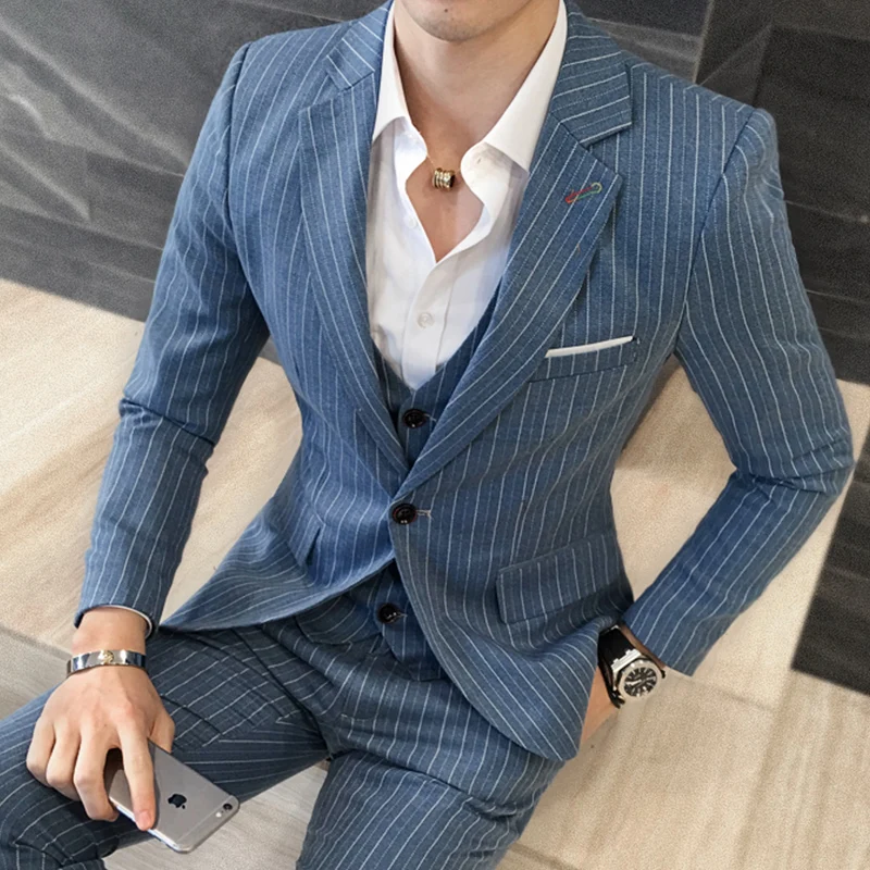 (Jacket+Vest+Pant) Mens Suits Wedding Groom Plus Size 5XL 3 Pieces Set Slim Fit Striped Casual Tuxedo SuitBusiness Dress Suit | Мужская