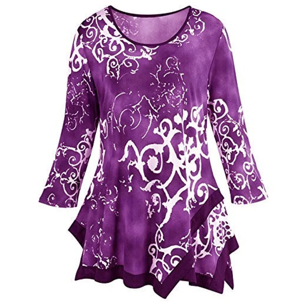 Purple Женская блузка с круглым вырезом и длинным рукавом, рубашка, пуловер, асимметричный подол, топы, Blusas Mujer De Moda Chemise Femme, блузки для женщин - Цвет: Purple