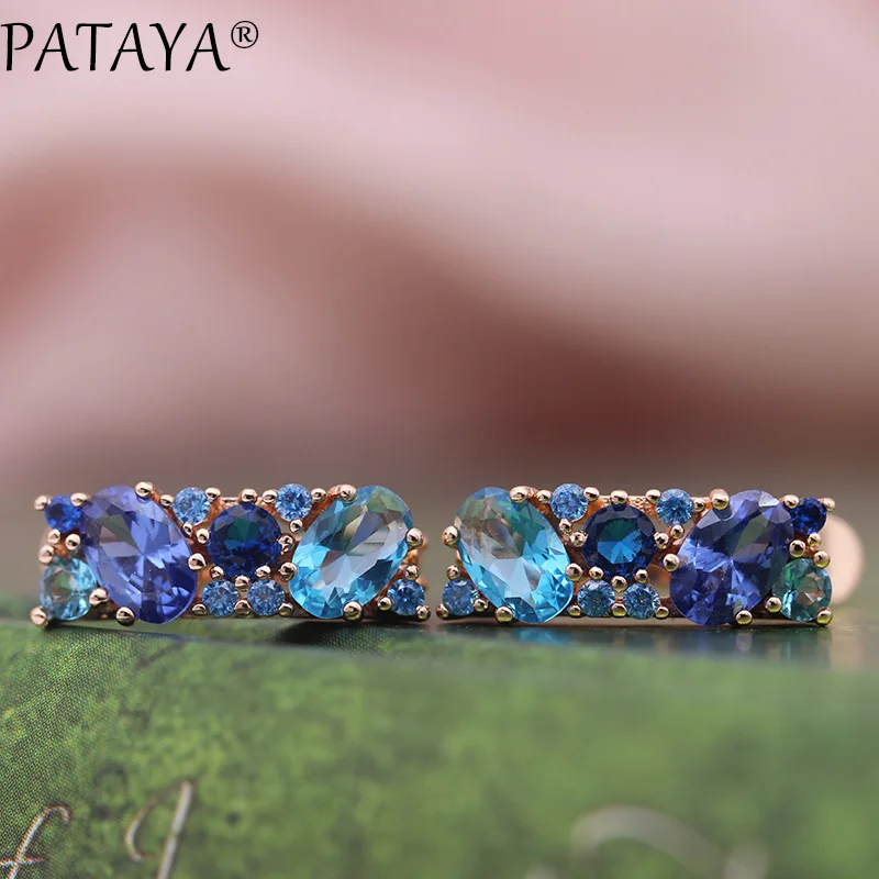 PATAYA, новинка, Микс, синие серьги для женщин, модные, свадебные, изысканные, Благородные Ювелирные изделия, 585, розовое золото, круглые, овальные, натуральный циркон, свисающие серьги