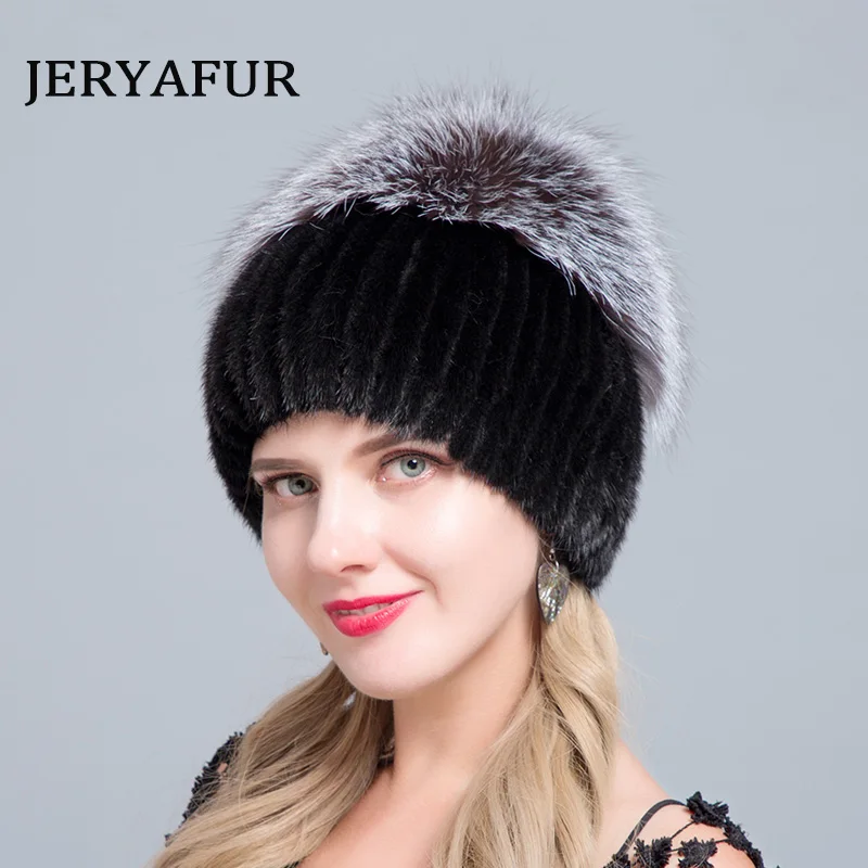 Женские шапки из натуральной норки JERYAFUR зимние вертикальные шапочки меха лисы и