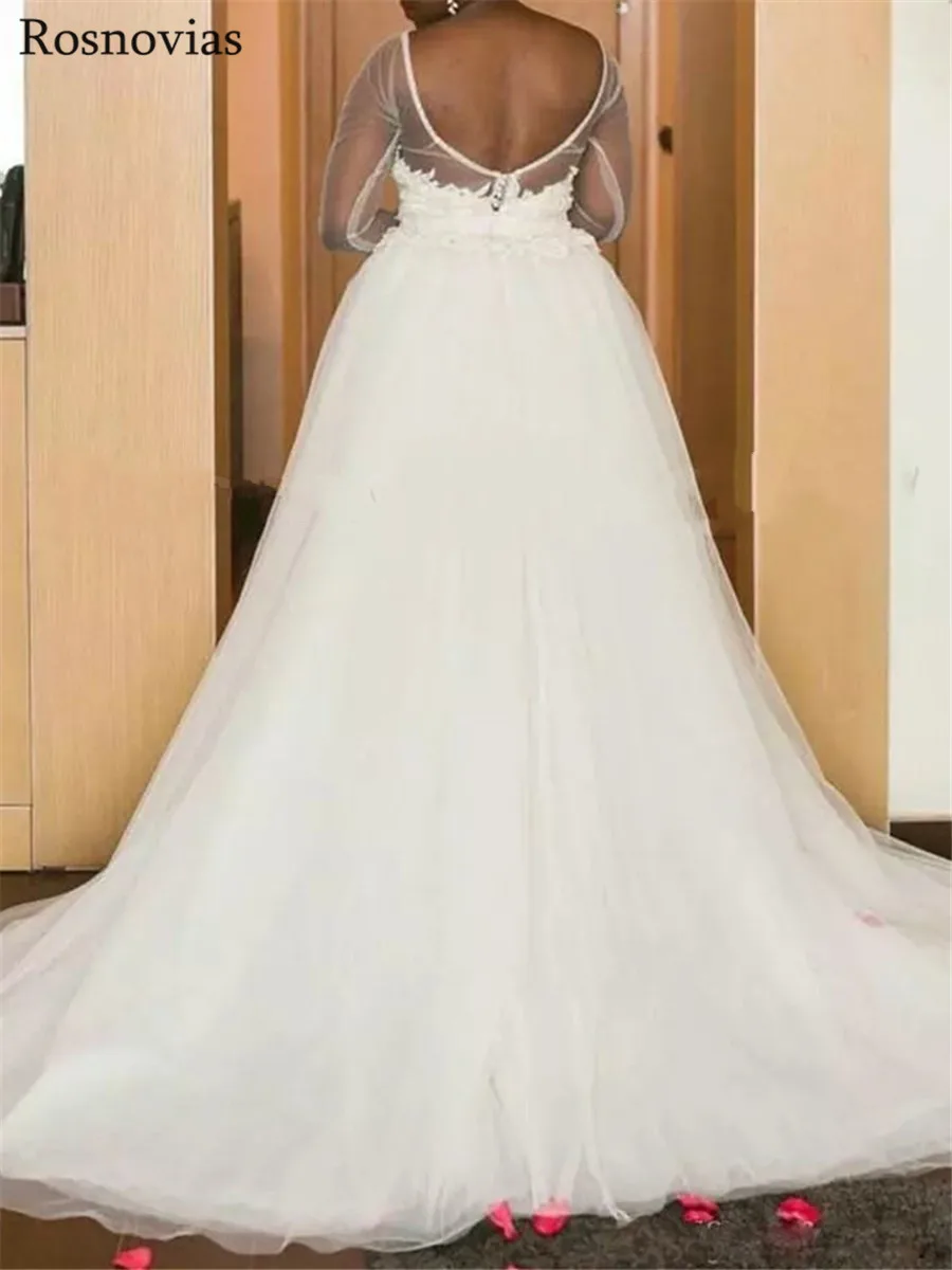 2020 Arabic Plus Size Wedding Dresses With Overskirts Sheer Neck Long Sleeves Backless Knee Length Lace Appliques Bridal Gowns | Свадьбы и