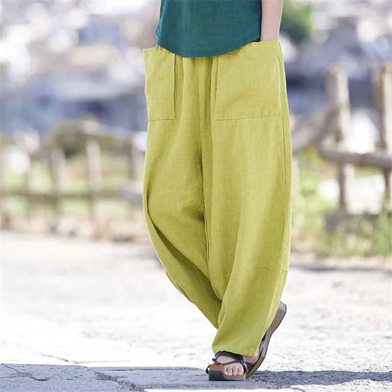 Женские офисные брюки pantalones mujer весенне летние свободные из хлопка и льна