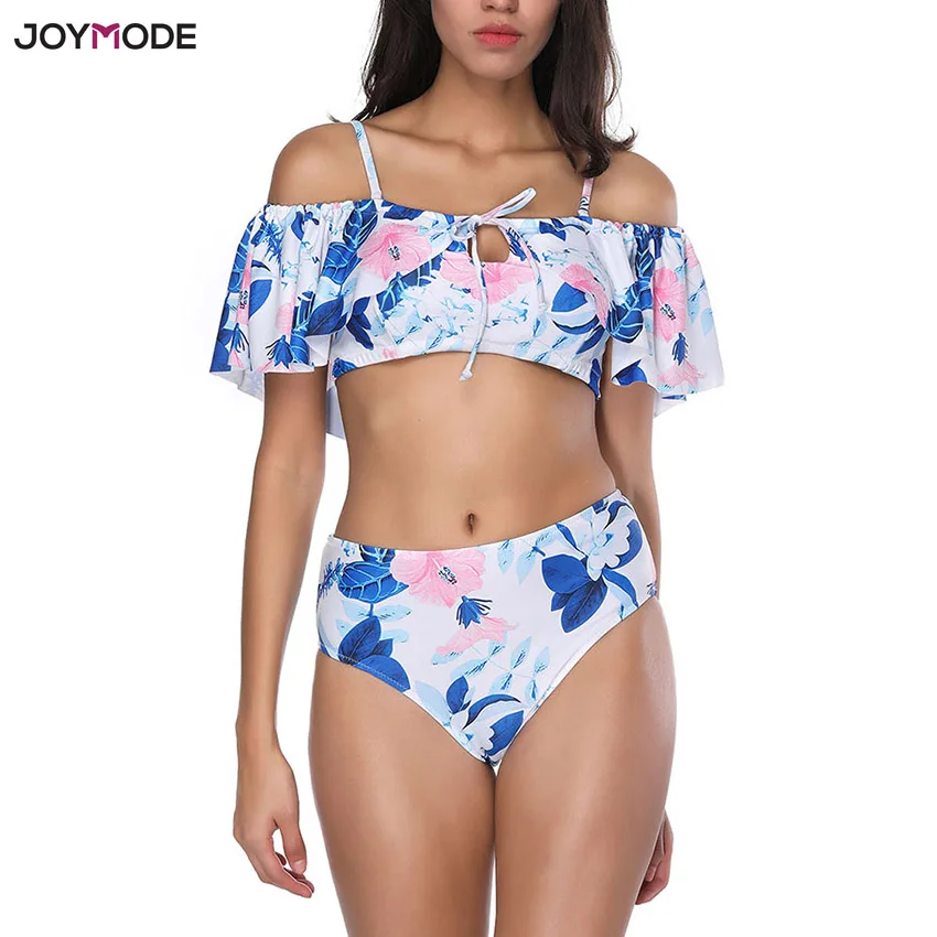 JOYMODE с открытыми плечами Купальник из двух частей с воланами Купальник для женщин с оборками пляжное бикини с высокой талией Mujer Cintura Alta Biquini - Цвет: Blue Floral Bikini