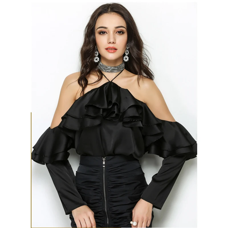 Женская блузка с лямкой на шее модельная дизайнерская Блузка оборками лето