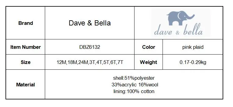 DBZ6132 dave bella/осеннее платье принцессы на свадьбу и день рождения для маленьких девочек; детская одежда в клетку; Дизайнерская одежда для маленьких девочек; Vestido