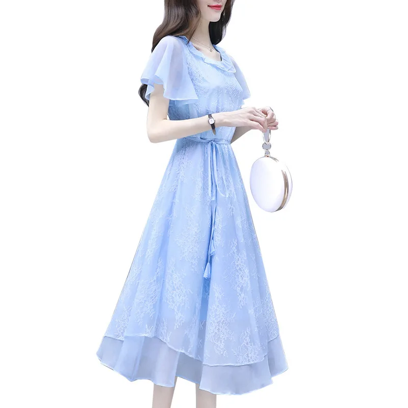 

Women Dress Office Lady Korean Elegant Ruffles Chiffon Long Dress Retro Lace Maxi A-line Women Dress 2019 Female Vestidos