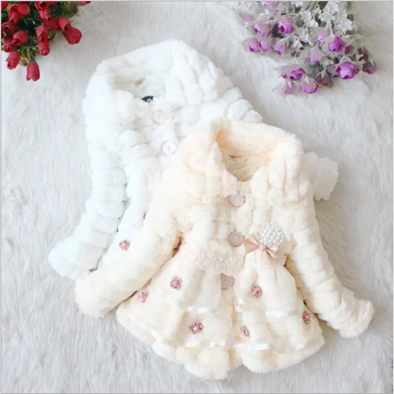 Girl Fur Coat Clothing With Pearl Lace Flower Autumn Winter Wear Clothes Baby Children Faux Dress Dresses Style Jacket QC967 | Детская