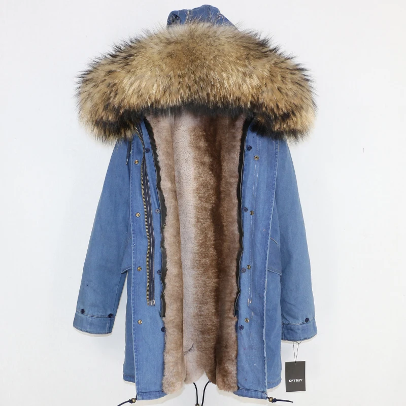 denim natural D Зимняя женская куртка, бренд, длинная парка, пальто с натуральным мехом енота, воротник из натурального меха, теплая Толстая Уличная одежда, повседневная верхняя одежда - Цвет: denim natural D