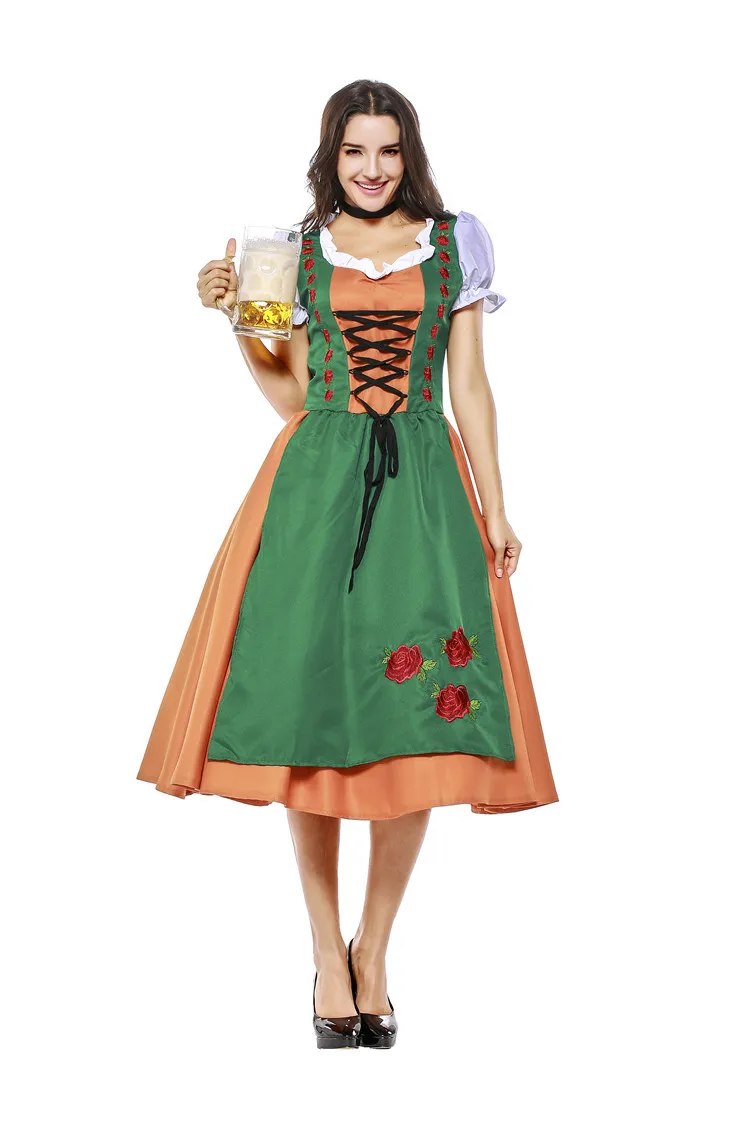 

Bavarian Oktoberfest Costume Couples Women Man Beer Party Green Long Dress Lederhosen Dirndl Outfit