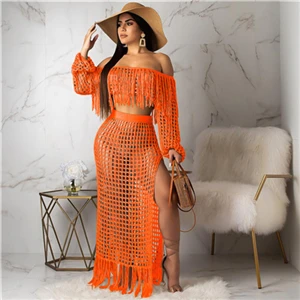 orange two piece set Adogirl/ажурный вязаный комплект из двух предметов с кисточками; летнее пляжное платье с открытыми плечами; короткий топ с рукавами-фонариками+ юбка макси - Цвет: orange two piece set