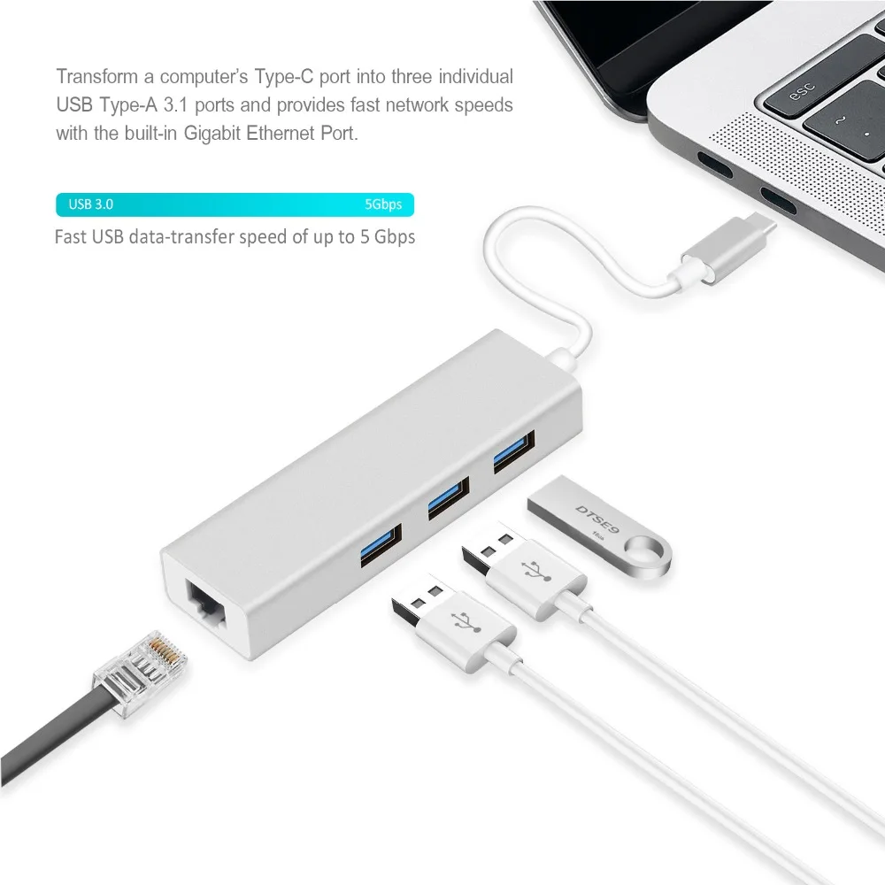 USB C к Gigabit Ethernet адаптер 4 в 1 Тип док-станция с 3 USB3.0 портами и RJ45 порт для Macbook Pro |