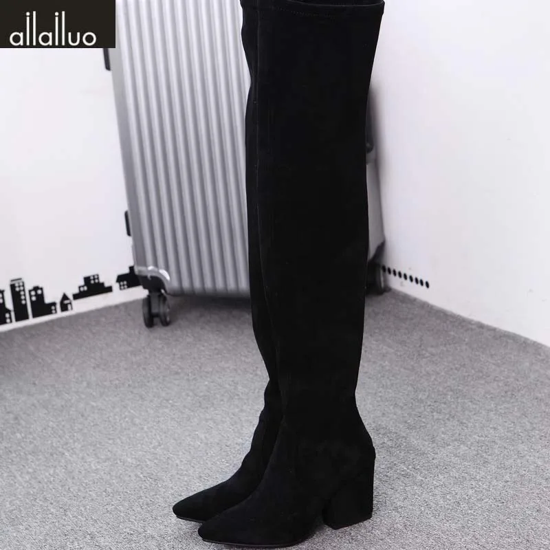 Зима супер мода стрейч тонкий над сапоги до колена Высокая квадратный каблук