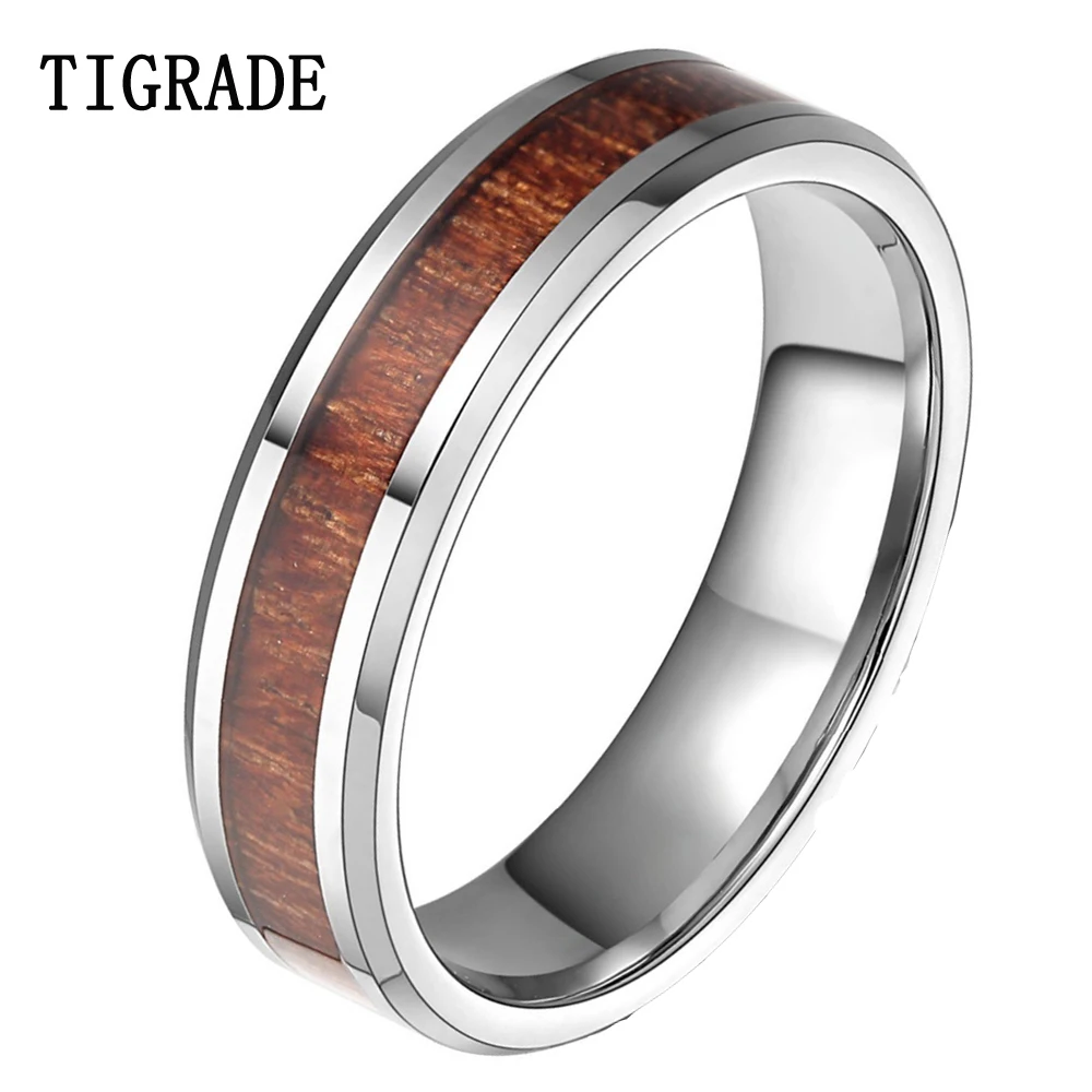 Кольцо Tigrade 6 мм из карбида вольфрама с деревянной инкрустацией полированные