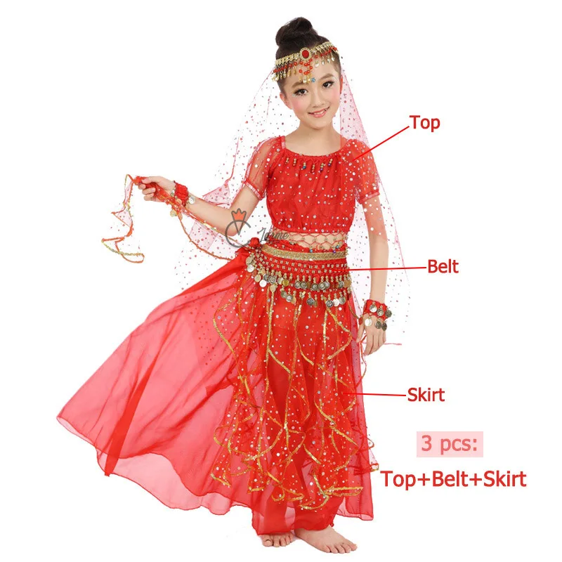 Red 3 pcs Стиль Дети танец живота костюм для восточных танцев костюмы для танцоров одежда индийские танцевальные костюмы для детей из 3 предметов, 7 шт./компл - Цвет: Red 3 pcs
