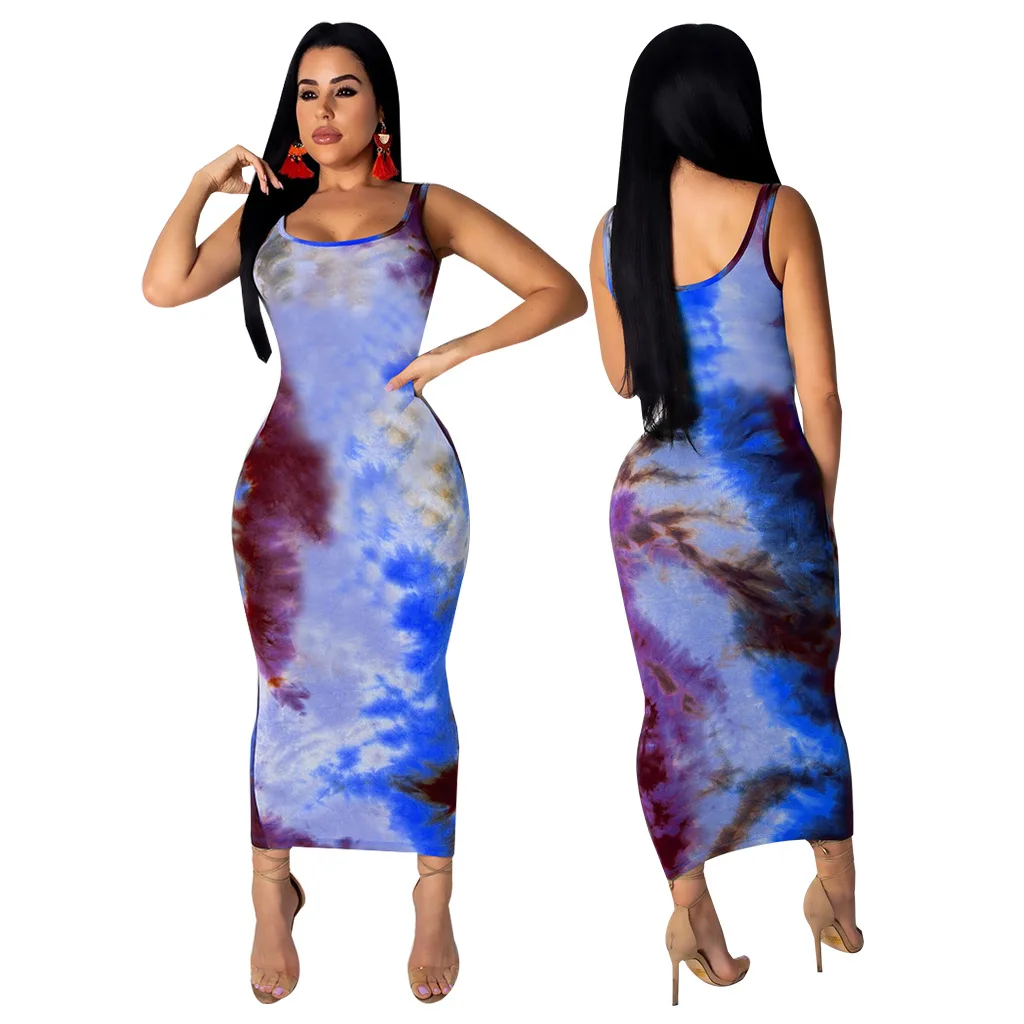 2019 летние женские пляжные Длина по щиколотку без рукавов Bodycon Tie dyed печати Макси